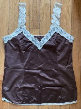 Vintage Satin Lace Trim Chocolate Brown Camisole Size Medium Y2K